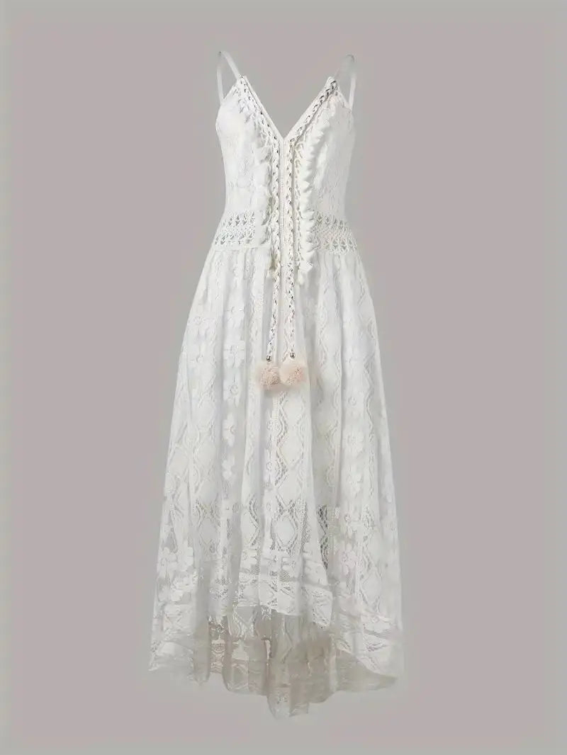 Summer Women Lace Strapless Flared Maxi Dress Solid White Long Dress Sleeveless V Neck Flowy Ruffle Bohemian Dresses