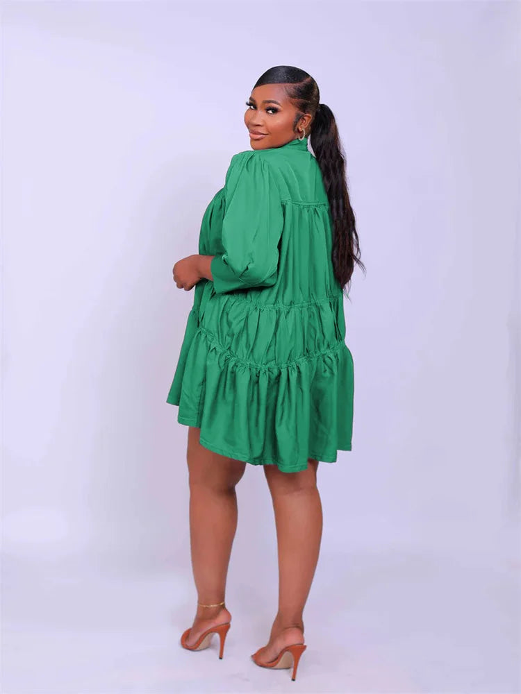 Wmstar Elegant Women Summer Solid Color Short Dress Fashion Long Sleeve High Neck High Waist Clothes Party Casual Mini Dresses