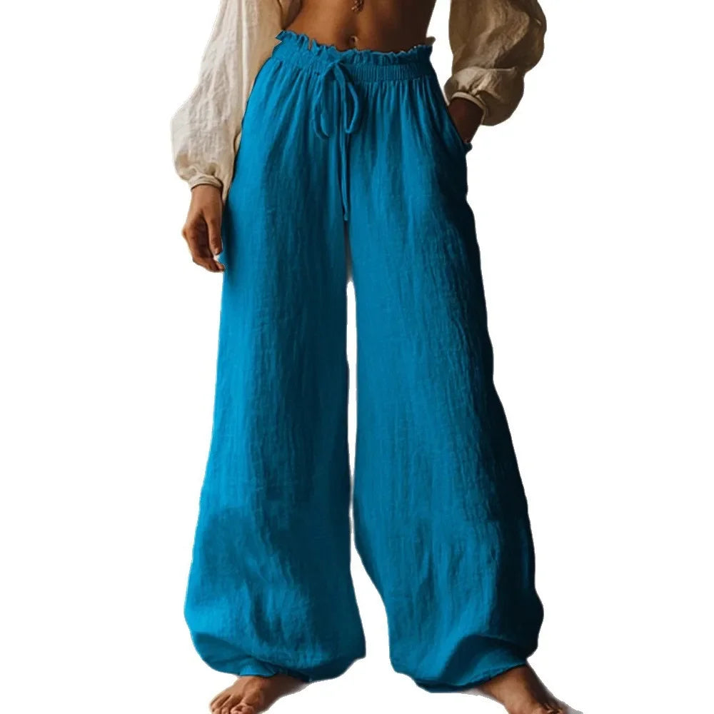 Women's Cotton and Linen Casual Loose Wide Leg Pants Autumn Retro Elastic Waist Drawstring Tied Pocket Pants Ethnic Vacation
