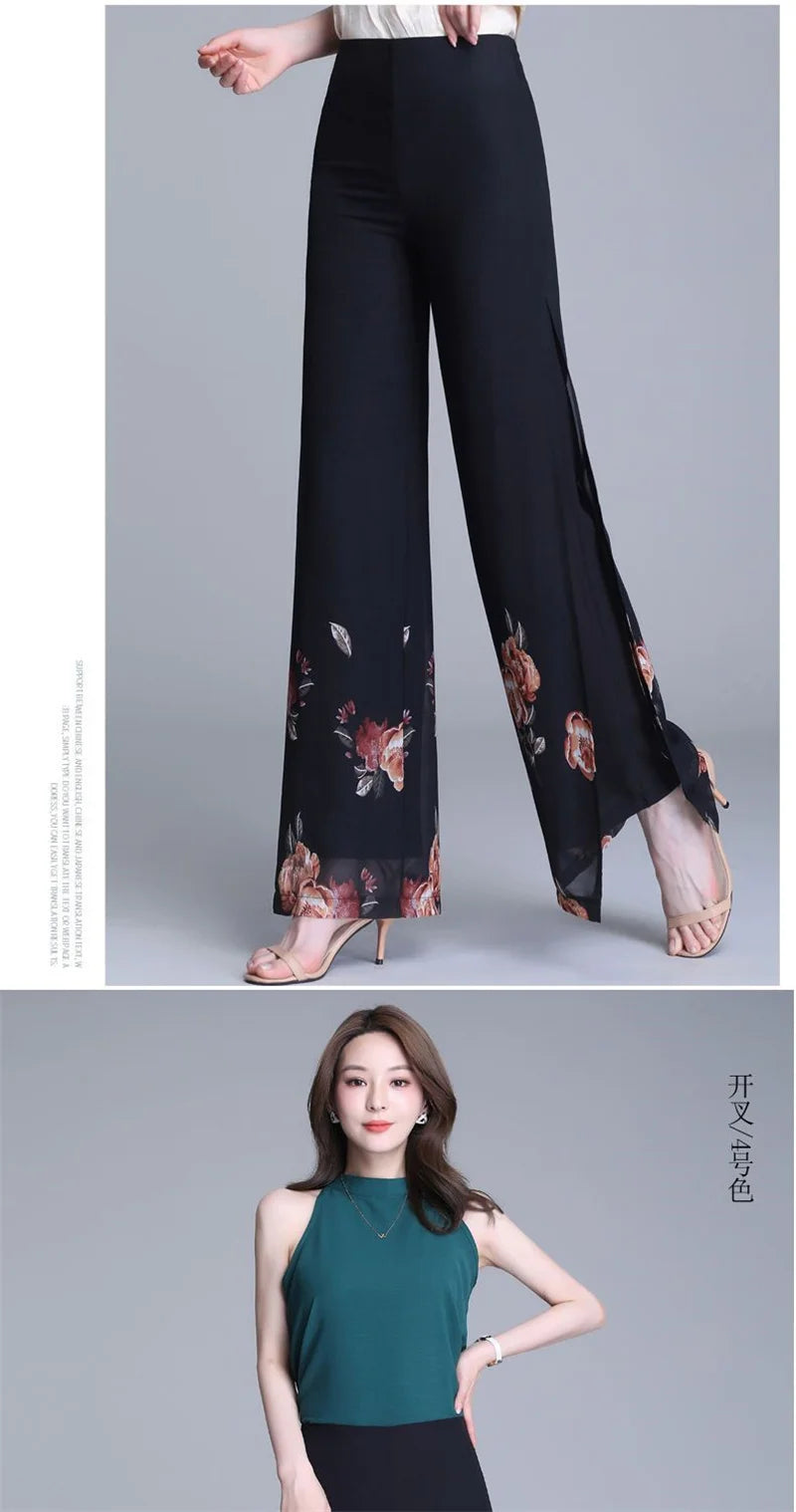 Double Layer Printed Chiffon Wide Leg Pants For Women's Summer New High Waisted Loose Dance Swing Pants Drooping Skirt Pants LA