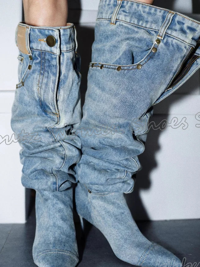 Pocket Over The Knee Boots Denim Cloth Slip-On Bottom Solid Color Novelty Fashion Concise Sexy Hot Girls Shoes Pointy Thin Heels