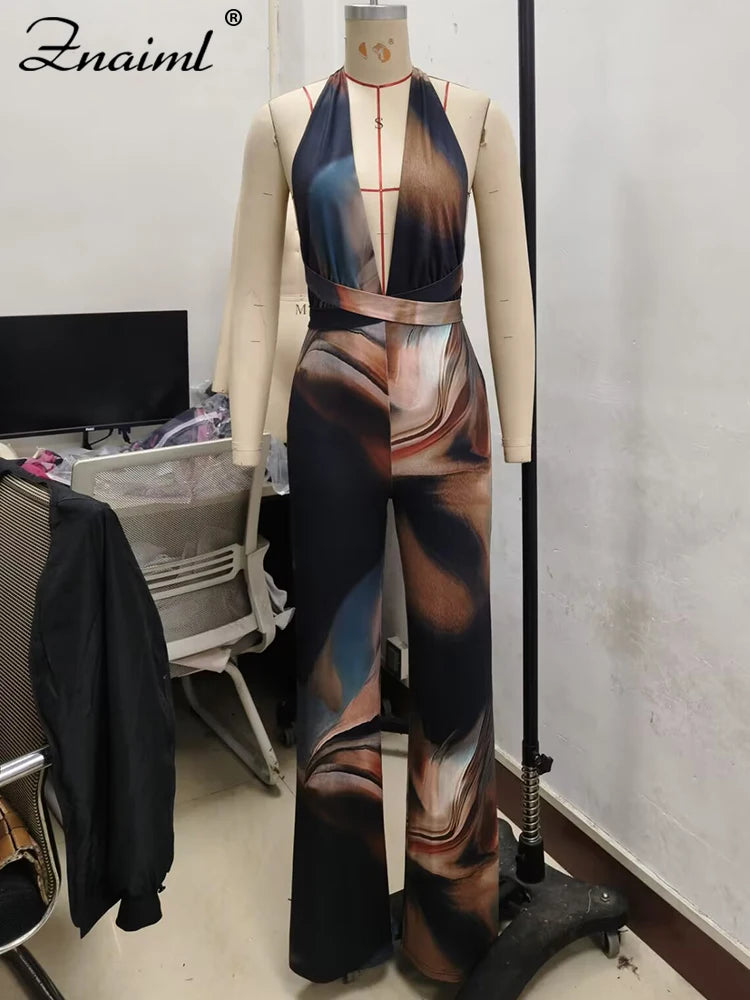 Znaiml Fashion Print Sleeveless Halter Deep V-neck High Waist Wide Leg Pants Women Sexy Night Club Birthday Jumpsuit Rompers