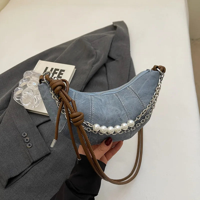 Retro Denim Dumpling Bag Creative Horn Design Pearl Pendant Messenger Bag Brand High-grade Leather Ladies Versatile Shoulder Bag