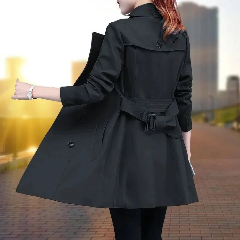 2025 New Trench Coat Midi Length Fashion Korean Elegant Khaki Black Loose Women's Windbreaker Coat Casual Double Breasted Tops