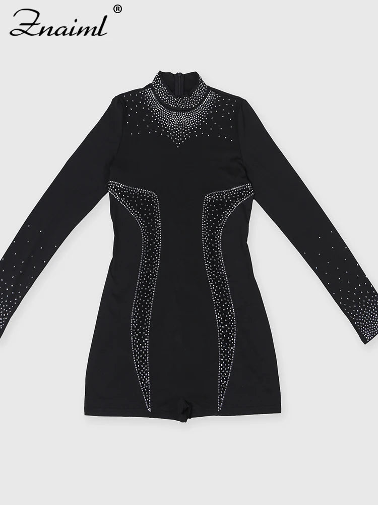 Znaiml Women's Long Sleeve O Neck Short Jumpsuit with Rhinestone Sheer See Through Stretch Bodycon for Nightclub Birthday Party