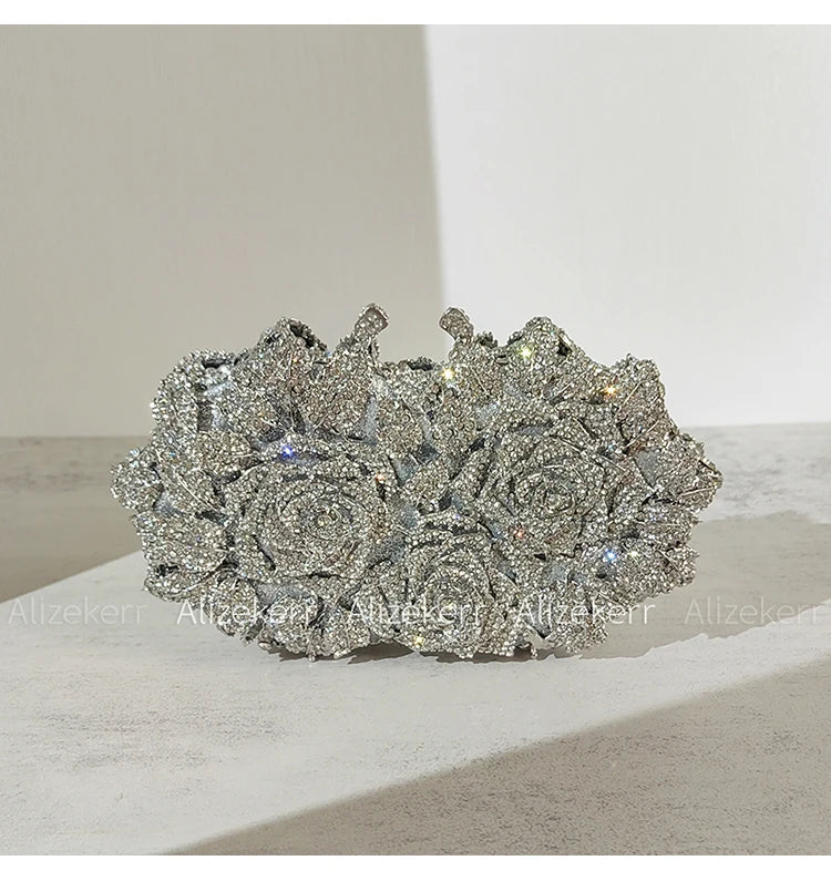 Alizekerr Rose Crystal Evening Clutch Bags Women New Luxury Boutique Sparkling Diamond Flower Purses And Handbags Wedding Party