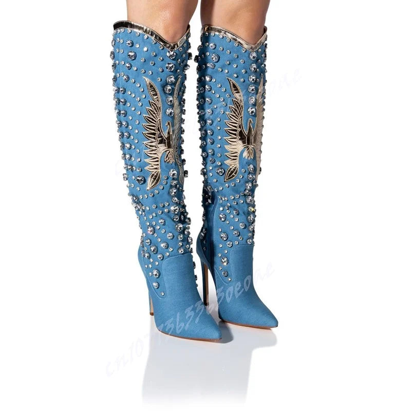 White Wing Decor Chunky Heels Boots Crystal Knee High Pointed Toe Shoes for Women Matte Leather Shoes 2025 Zapatos Para Mujere