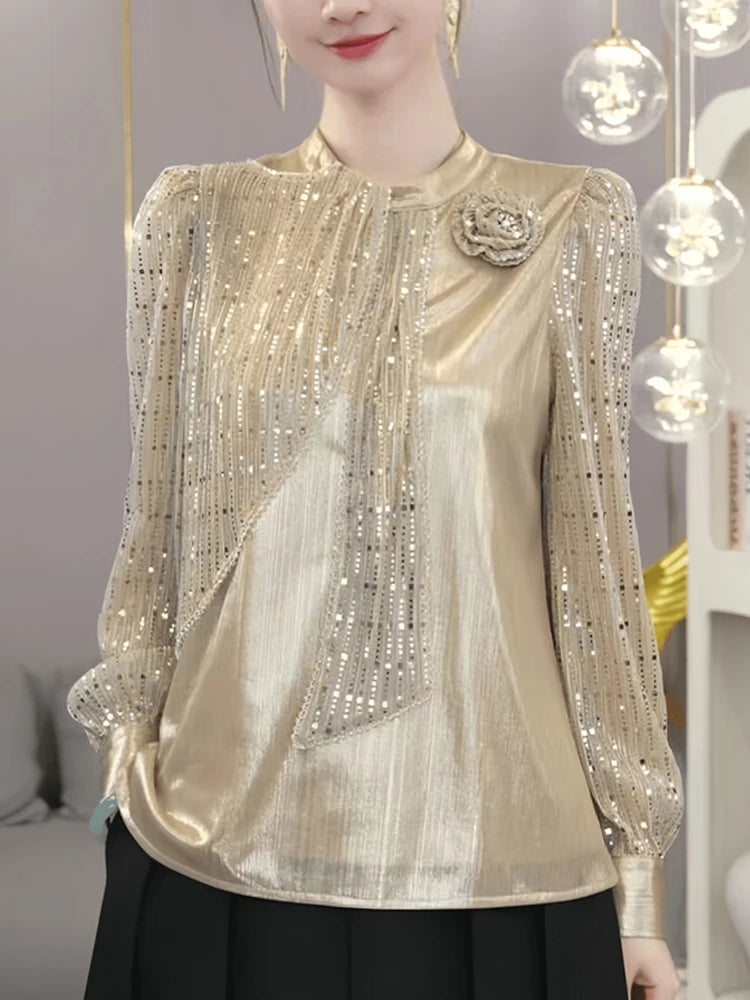 Long Sleeve Blouse 2025 New Summer Woman Clothing Sequins Blusas Para Mujer Top Casual Slim Blouses For Women