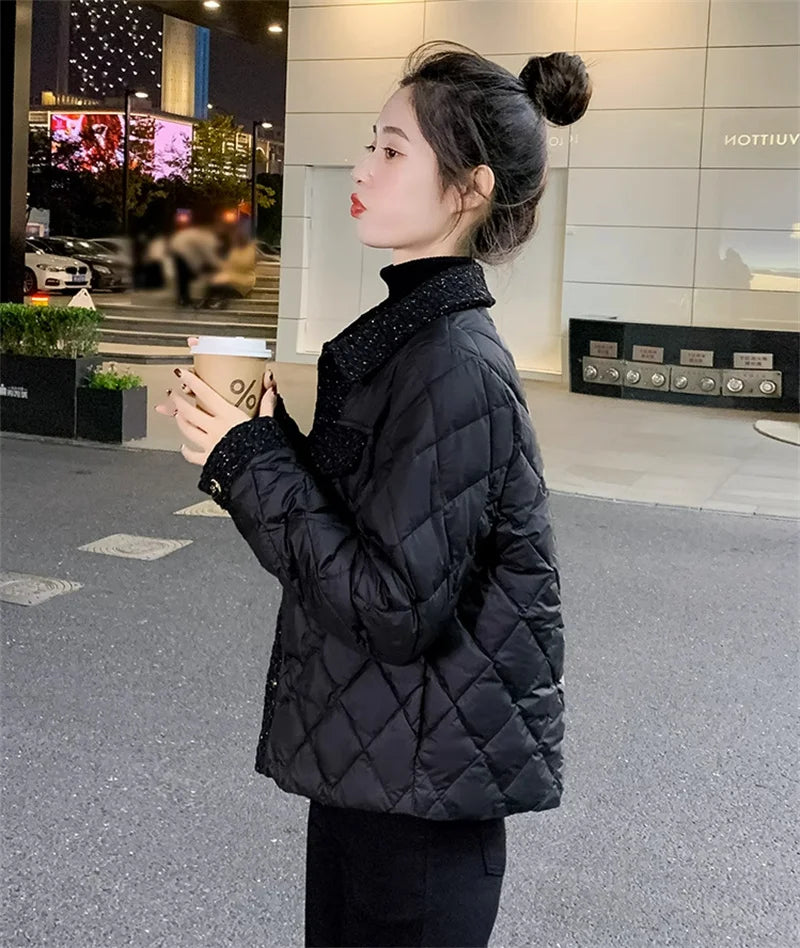 Lightweight Down Cotton Jacket Women's Short Jacket 2023 Winter New White French Style Fashion Women Jackets Patchwork Tweed Coa