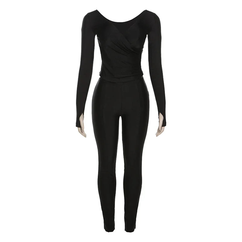 2025 Spring/Summer Women's Sexy Off Shoulder Big V-neck European and American Style High Waist Tight Pants Casual Sports Set