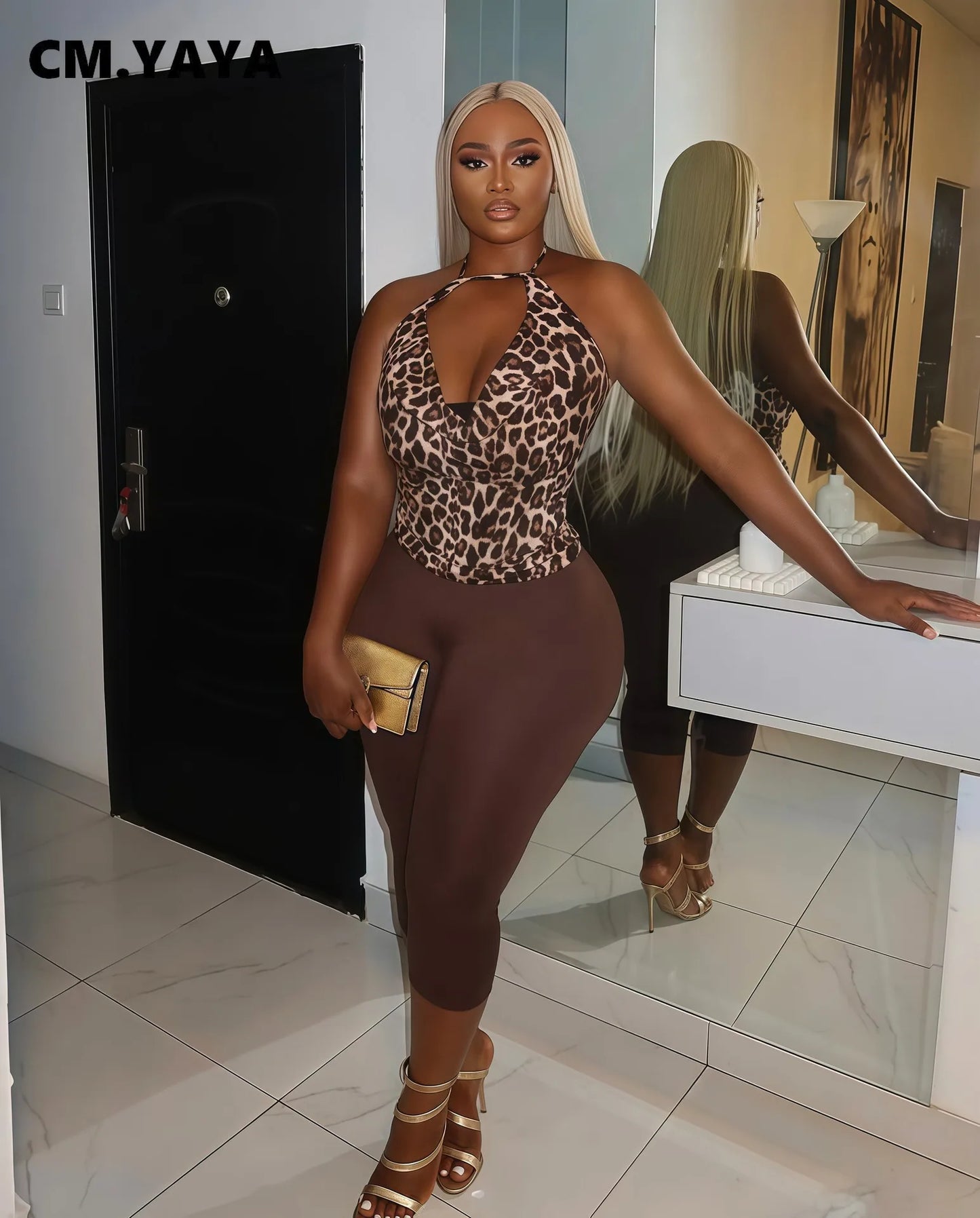 CM.YAYA Fashion Women's Set Sleeveless Halter Leopard Print Tops + Shorts 2025 Summer Sporty Two 2 Piece Sets Outfits Tracksuit