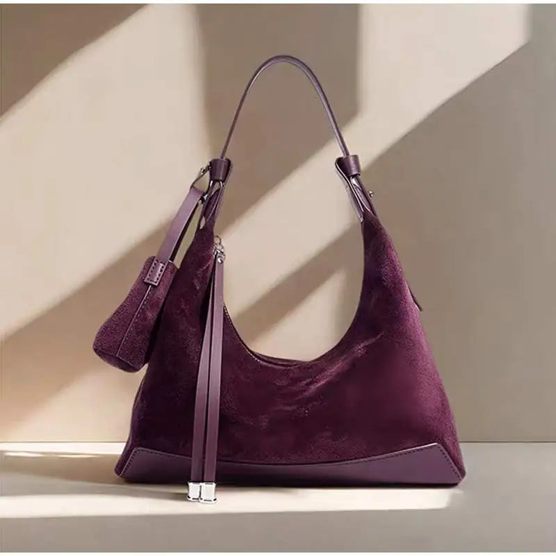 Classic Suede Women's Handbag New Simple Versatile Work Commuting Underarm Bag Genuine Leather Texture Fashion Shoulder Lady Bag