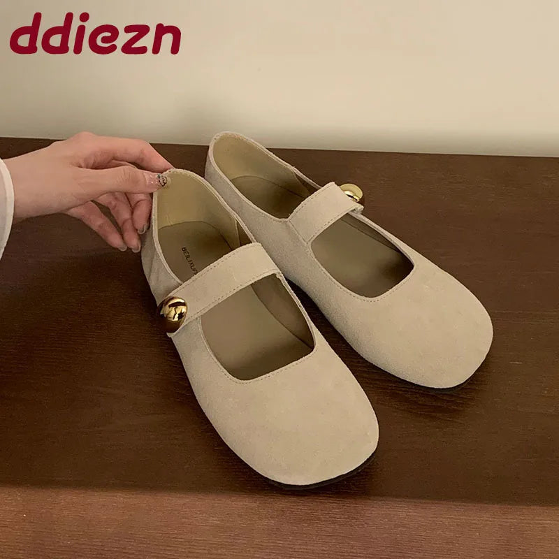 2025 New Fashion Metal Ladies Mary Janes Flats Shoes Casual Female Soft Footwear Shallow Women Flats Lolita Shoes