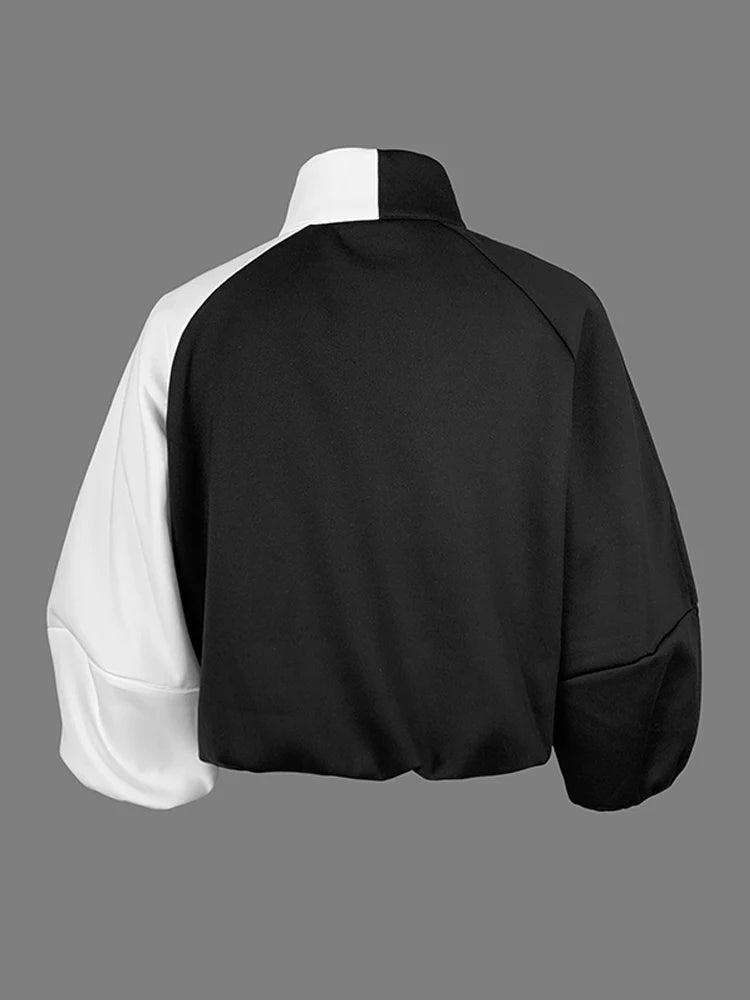 Women Fashion Patchwork Stand Collar Jackets 2025 New Spring Autumn Puff Sleeves Loose Fit Casual Korean Style Outerwears