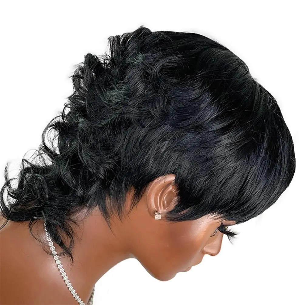 Wear And Go Pixie Cut Wig Short Loose Wave Glueless No Lace Wigs For Women Full Machine Made Wig With Bangs Mullet Style 180% D
