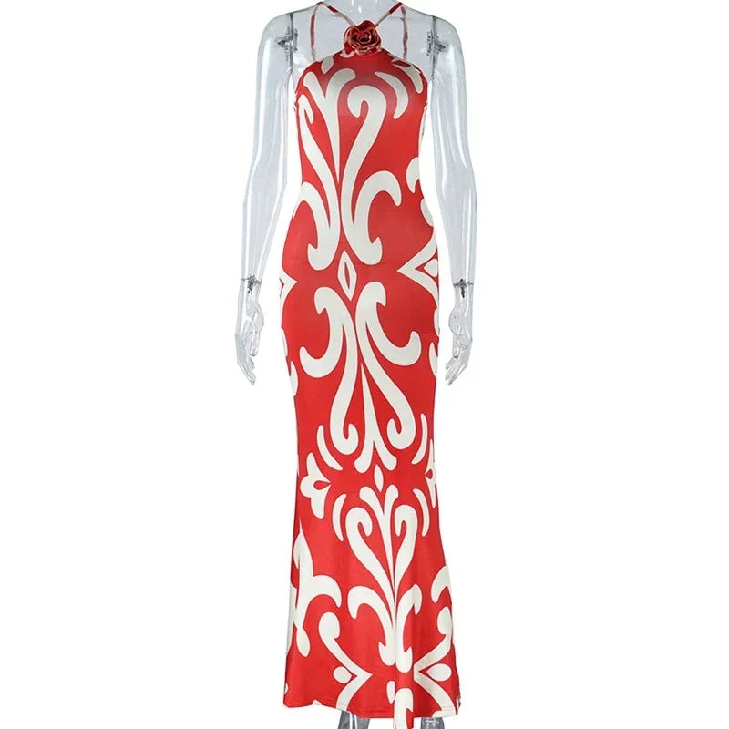 Fashionable European Style Printed Sexy Sleeveless Halter Neck Floral Decorated Hip Dress Trendy Women's Ready-Made Dress