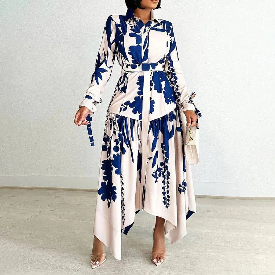 Elegant Printed Dresses Woman 2024 Turn Down Collar Single Breasted Full Sleeve Asymmetric Ankle Length Fashion Birthday Dress
