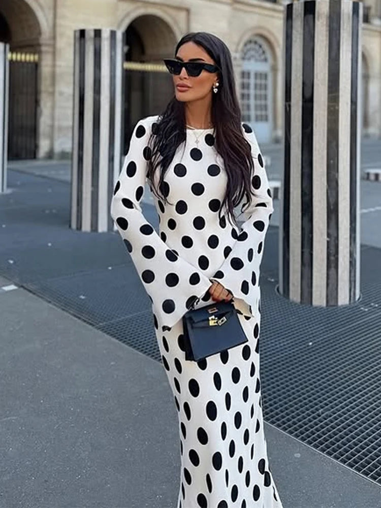 Black Dots Dress Long Sleeve  Art Modern Maxi Dress Long Sleeve High Neck Street Wear Print Bohemia Long Robe Gift 2025