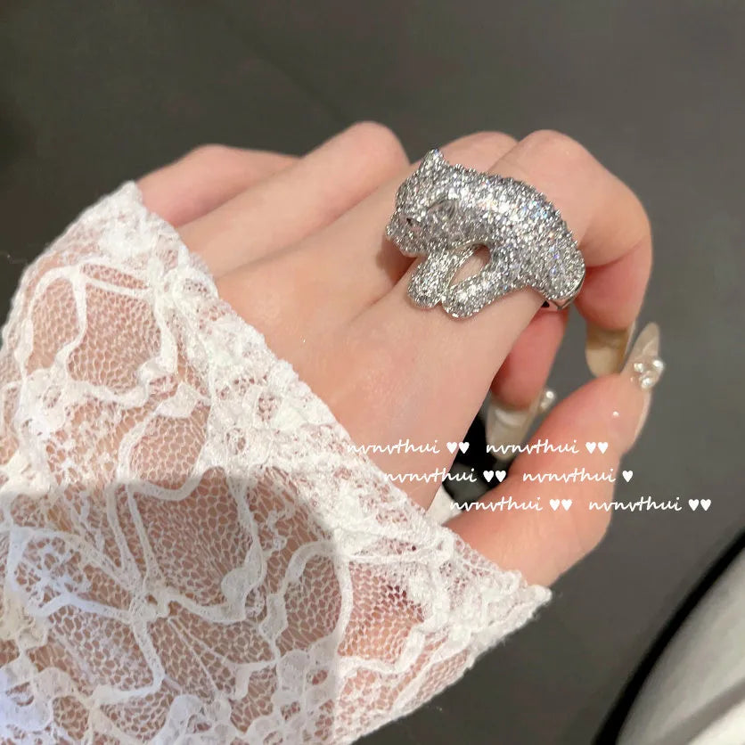 Elegant Hollow Leopard Inlaid Zircon Band Ring for Women