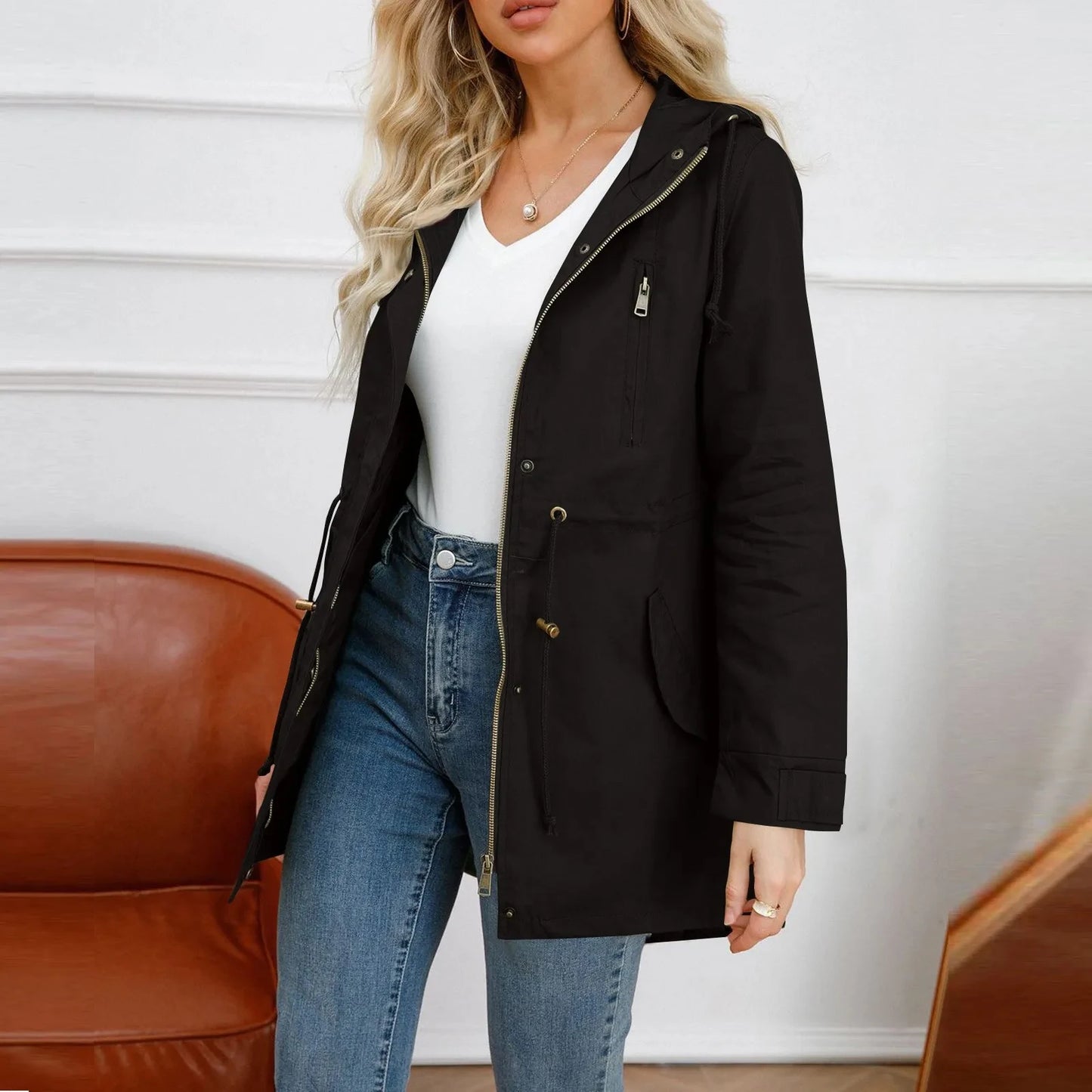 Women's Hooded Trench Coat Spring Autumn Fitted Solid Color Jacket for Daily Outdoor Camping Hiking