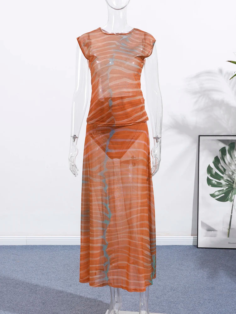 Chic Printed Contrast Women's Skirt Suit Sexy O-neck See Through Sleeveless Bodysuit High Waist Skirts Female 2025 Summer Outfit