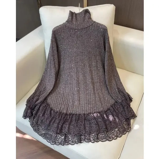 Autumn and Winter New Fashionable Style Lace Splicing Bottom Shirt Thin Solid Color Loose Look Casual Loose Long Sleeves Top
