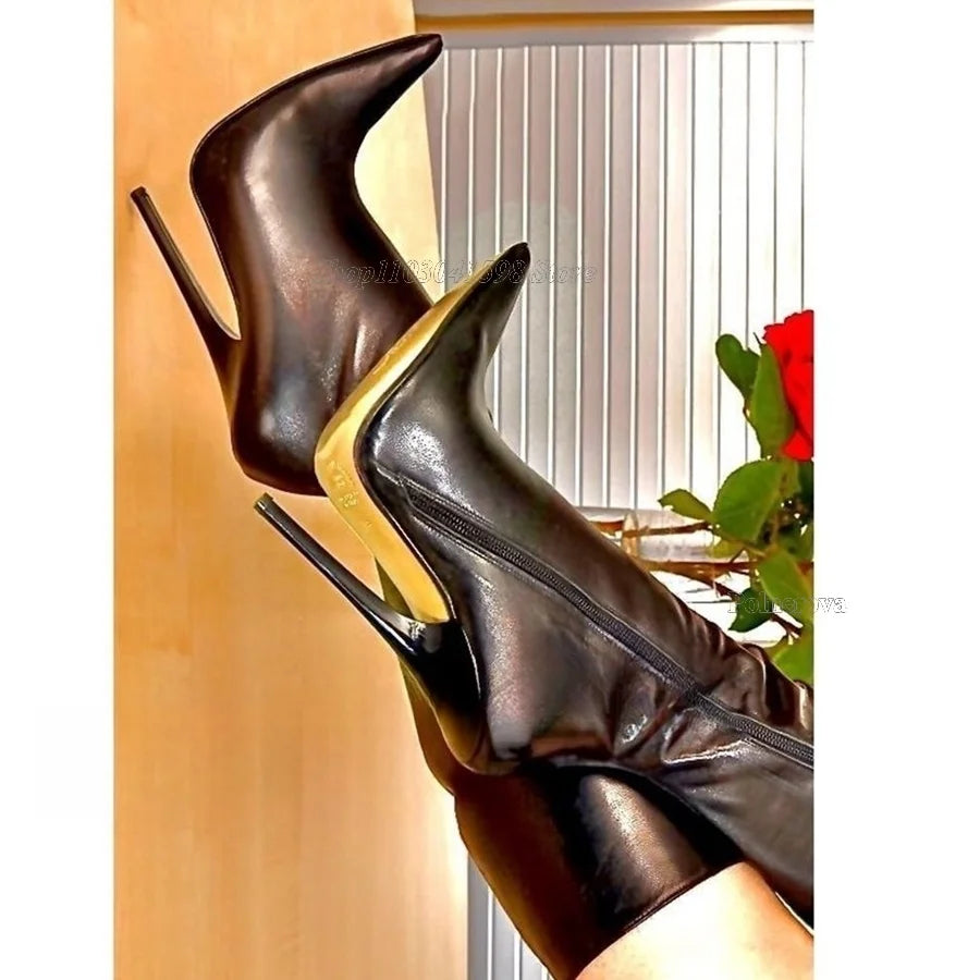 Black Leather Calf Boots Fall New Zipper Women Boots Fine Heel Pointed Toe Boots High Heels Party Boots 2023 Zapatos Para Mujere