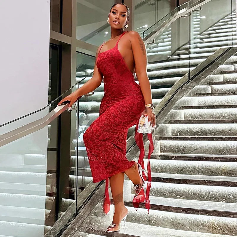 CM.YAYA Women lace Sleeveless Strap Floral Backless Sleeveless Sexy Party Bodycon Midi Maxi Long Dress 2025 Dresses Vestidos