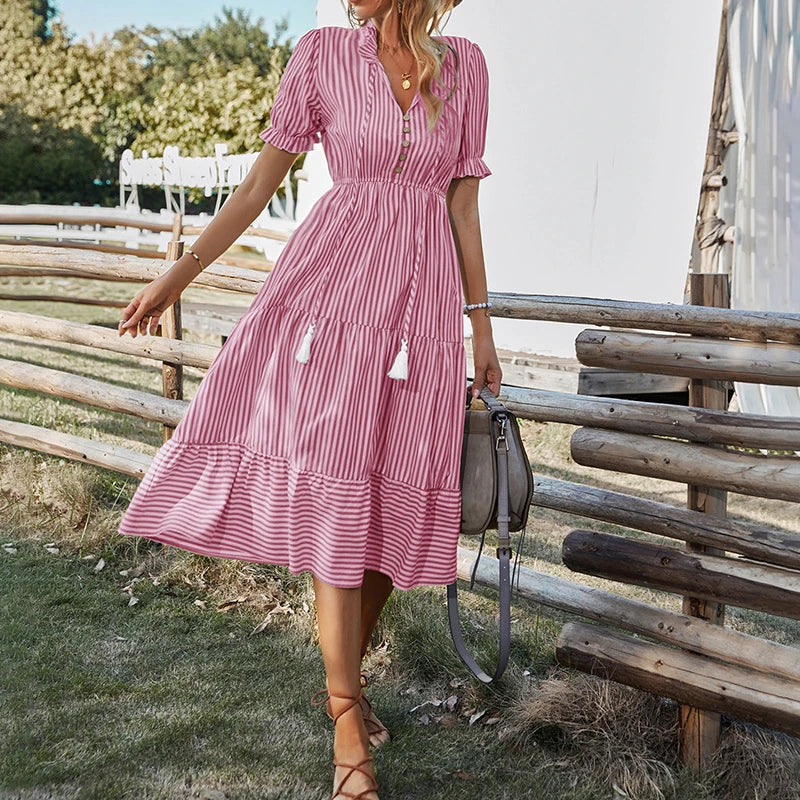 Summer Women's Striped Short Sleeve V-Neck Elastic Waist Dress