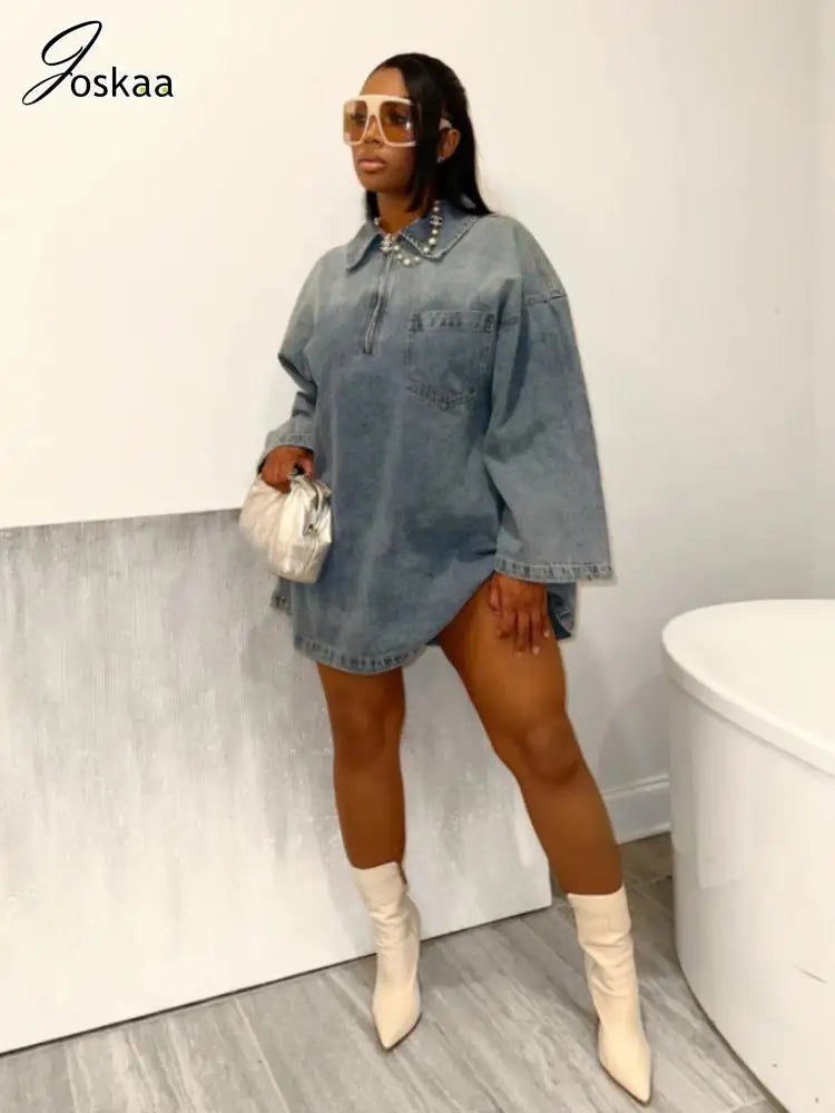 Joskaa Fashion Blue Denim Dress Women Hipster Lapel Zipper Pocket Full Sleeve Loose Mini Dresses 2025 Spring Vintage Streetwear