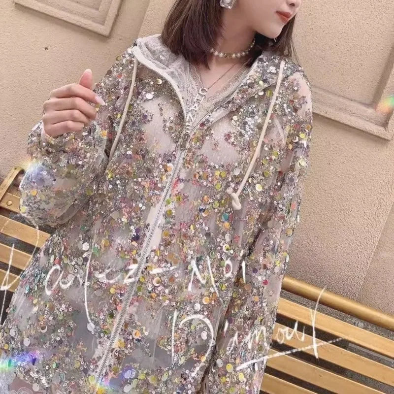 2025 Summer New Sunscreen Clothing Women's Coat Glitter Hollow Out Coat Thin Fashion Long Sleeve Hoodie