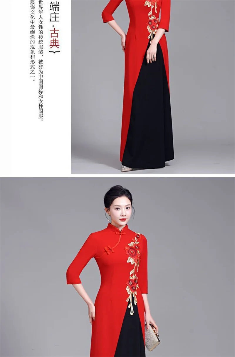 2025 Summer Women New Middle aged Elderly Dress Improved High end Non Ironing Show Elegant Slim And Long Embroide Red Dress 6XL