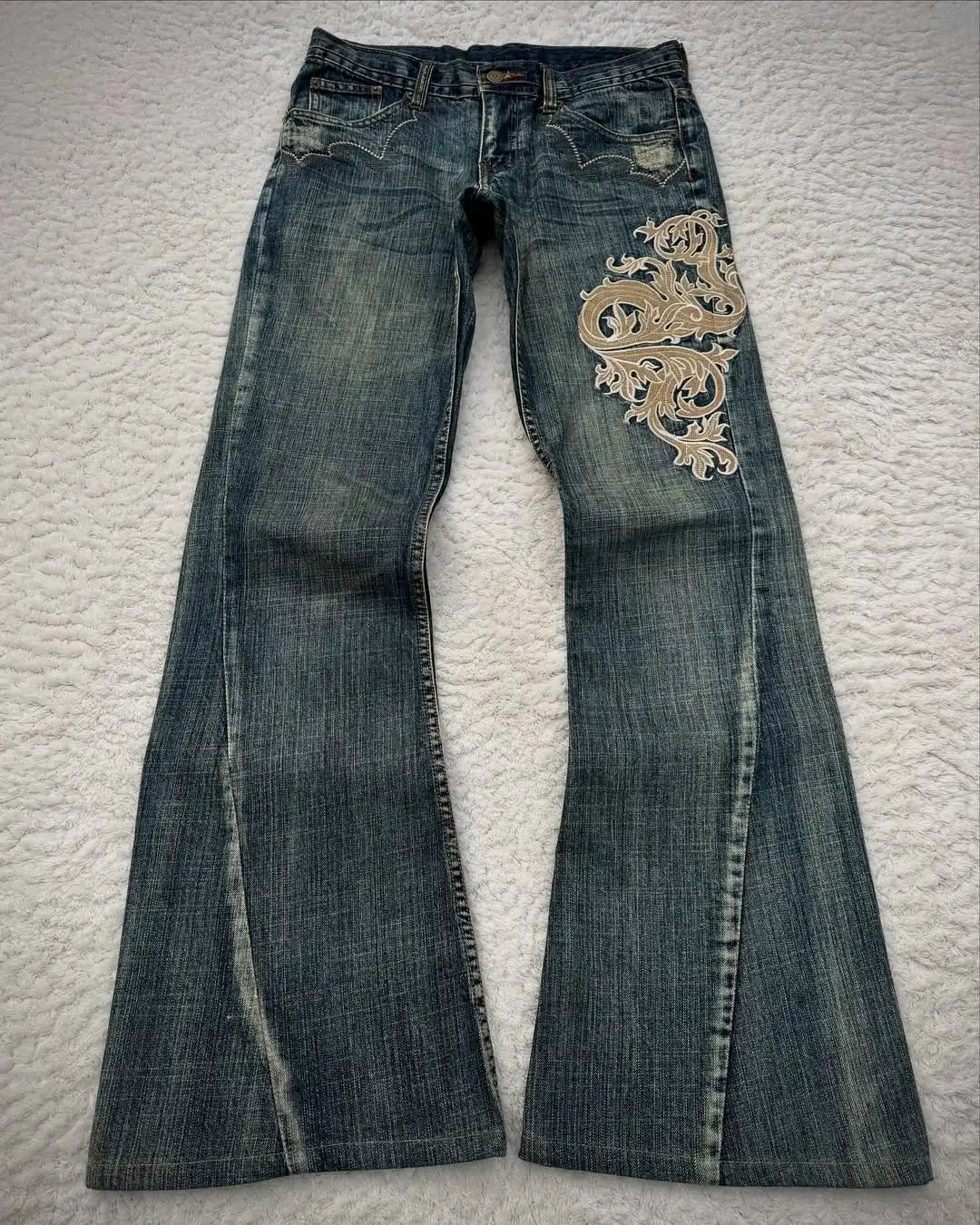 Retro Shallow Water Washing High-bright Lines Thorn Art Embroidery Pattern Y2K Blue Jeans Women's Personalized Micro-flare Pants