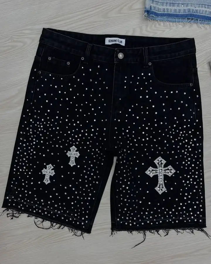 Streetwear Vintage Cross Rhinestone Sequin Denim Shorts Y2K Mens Womens Vintage Washed Baggy Casual Shorts Over The Knee Pants