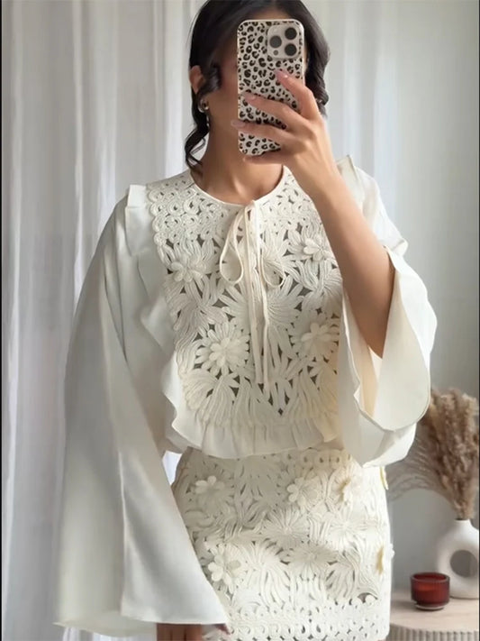 Floral Hollow Embroidery Mini Skirt Sets Women 2 Pieces Flare Sleeved Women Suit Casual Two Piece Set Summer Women Outfit