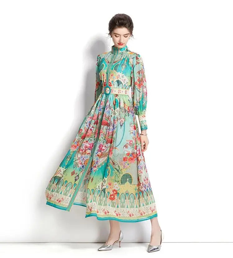 Women's Turtleneck Lantern Sleeve Single Breasted Flower Print Maxi Dress Autumn Bohemian Chiffon Green Belt Holiday Vestidos