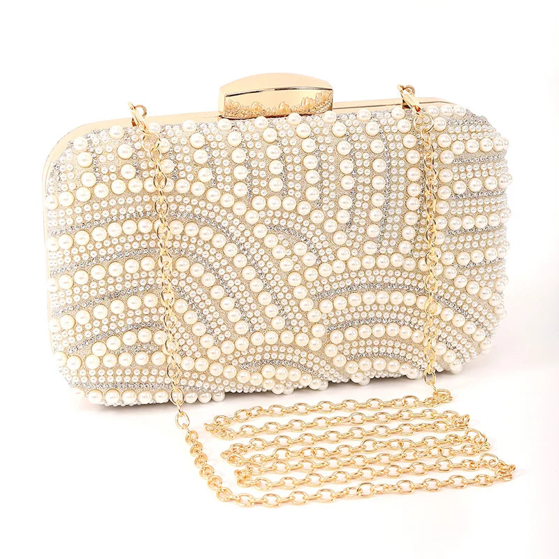 Ladies Pearl Elegant Evening Bag Fashionable Stylish Beading Wedding Dinner Party Banquet Dress Clutch Bag with Long Chain