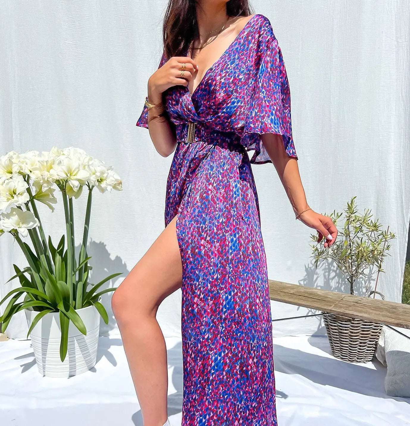 2023 Summer Elegant V-Neck Belt-Printed Long Dress From Amazon's Independent Store Wish Asia Exquisite Craftsmanship Slim Fit