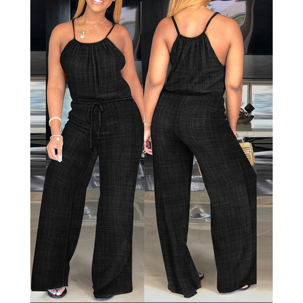 Women Solid Color Round Neck Wide Leg Straight Overalls Summer Spaghetti Strap Drawstring Waist Casual Black Jumpsuits