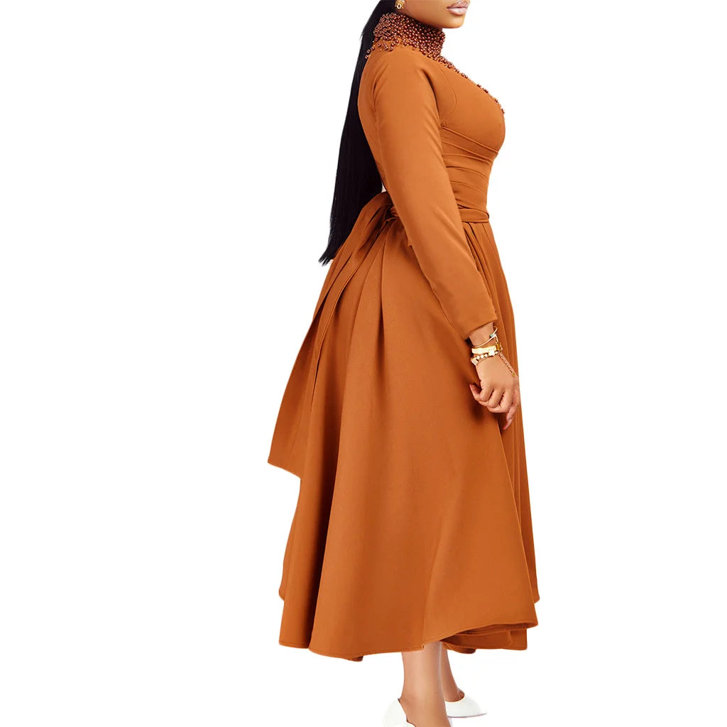 Fashionable High-collar Elegant Embroidered Large Dress Women Waist-shaping African Dress Trendy Plain Pattern Long Skirt