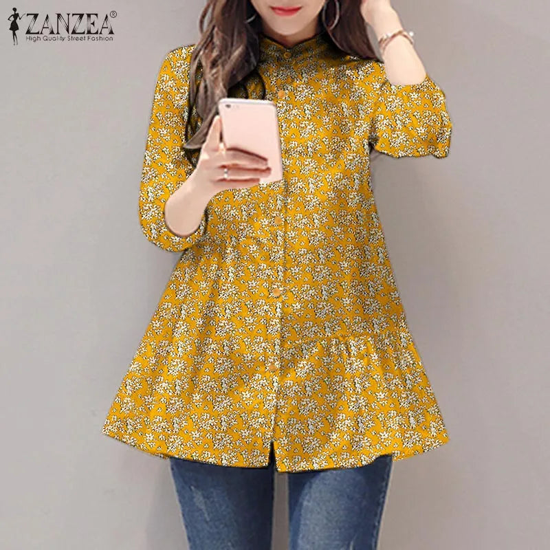 ZANZEA 2024 Summer Shirt Women Floral Prined Bohemian Stand Collar 3/4 Sleeve Casual Vintage Elegant Blusas Loose Tunic Tops
