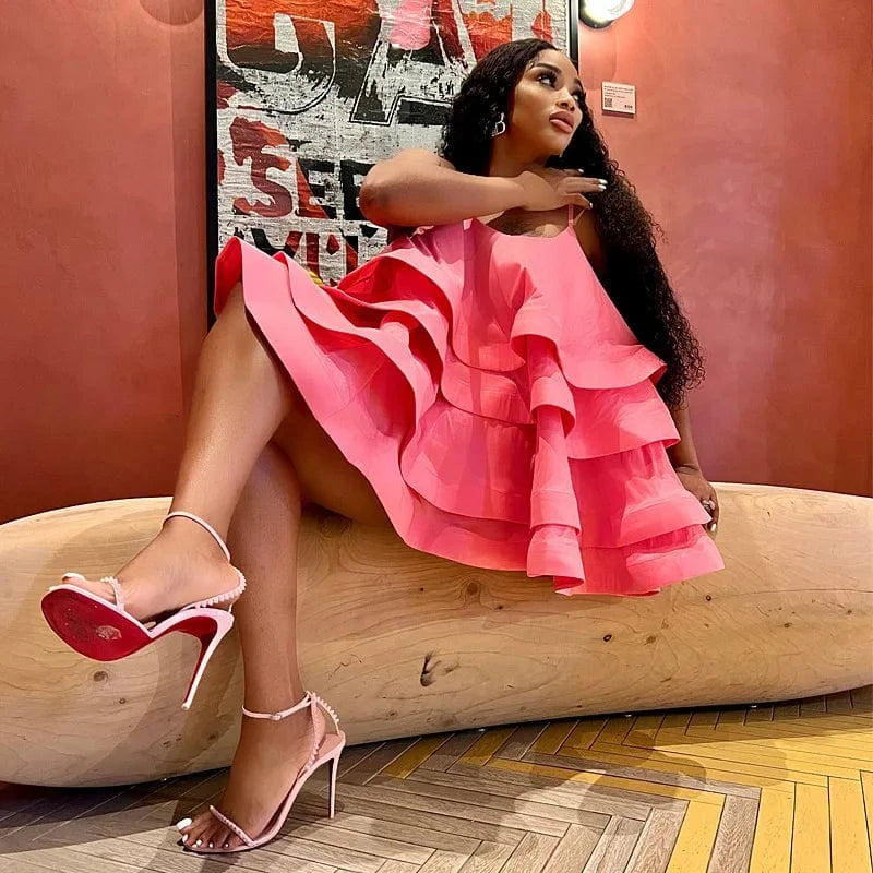 CM.YAYA Women Spaghetti Strap Tierred Big Swing Sleeveless Ball Gown Mini Dress 2023 Vintage Party Evening High Street Dresses