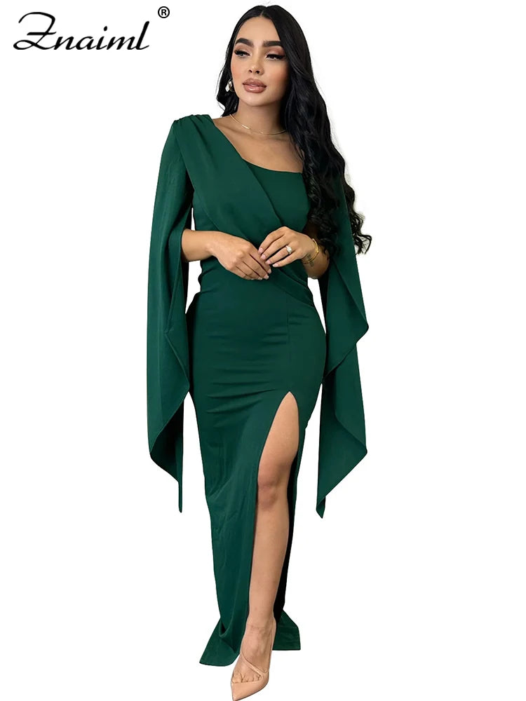 Znaiml Elegant Flare Sleeve Celebrity Nightclub Maxi Long Dresses for Women Sexy High Split Evening Party Prom Birthday Vestidos