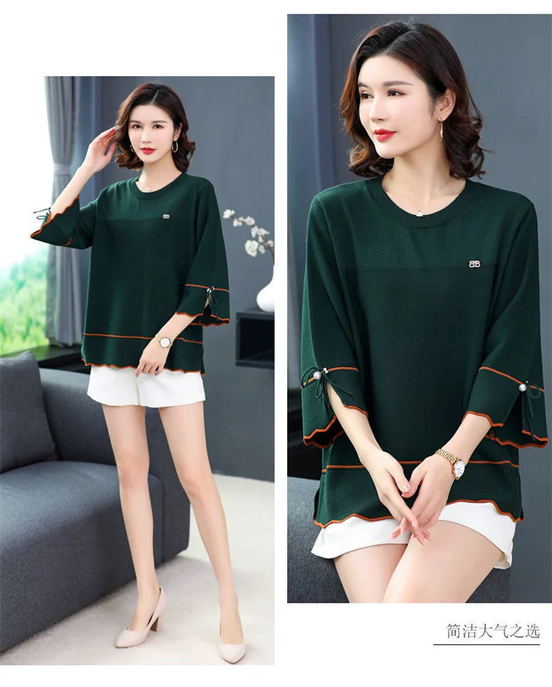 6XL Mom Large Summer New Ice Silk Shirt 3/4 Sleeves Round necked T-shirt Knit Sweater Loose Top For Wearing Outwear Top Black