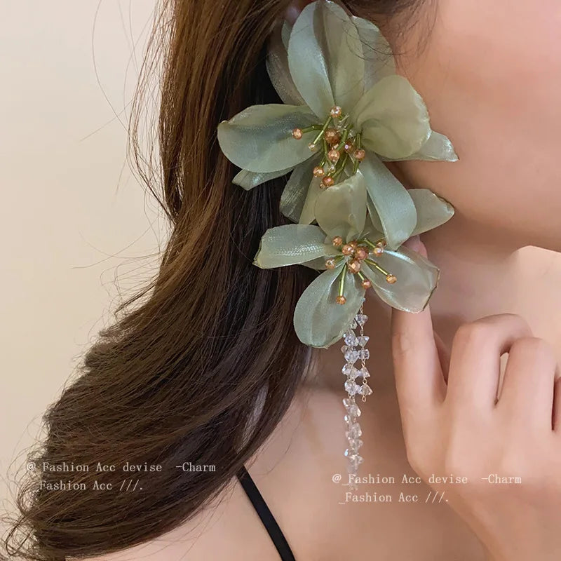 Flower Mesh Crystal Tassel Earrings for Women Elegant Style Exaggerated Long Earings Wholesale