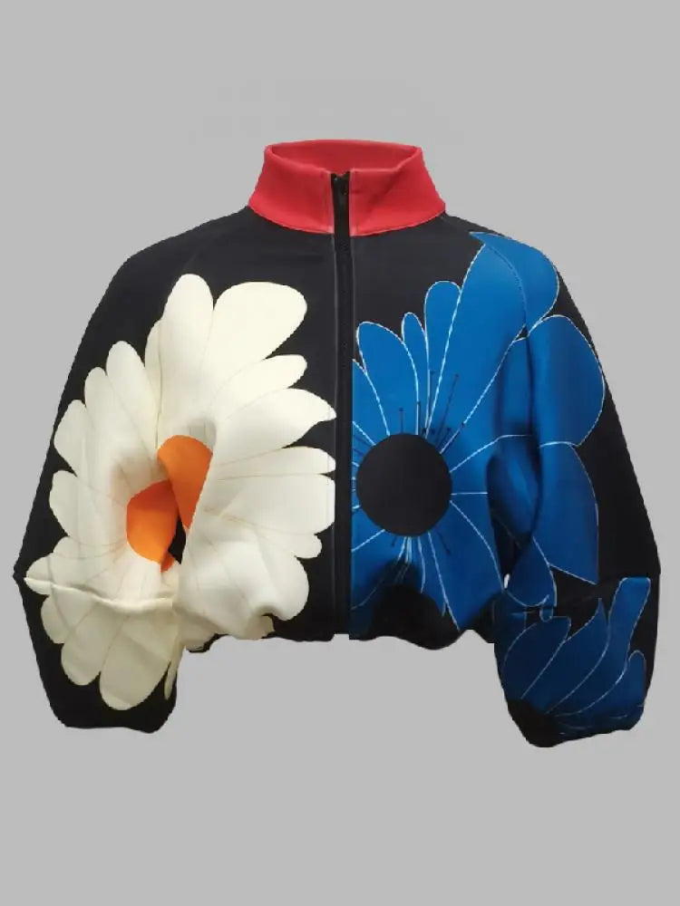 Floral Printed Short Jacket for Women 2024 Spring Summer Stylish Stand Collar Puff Sleeve Zippered Coat Casual Outerwear