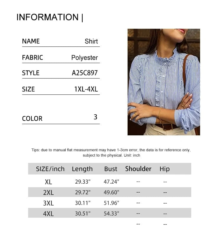 Plus Size Women's 2025 New Women's Blue Striped Shirt Basic Comfortable Versatile Temperament Long Sleeve Shirt