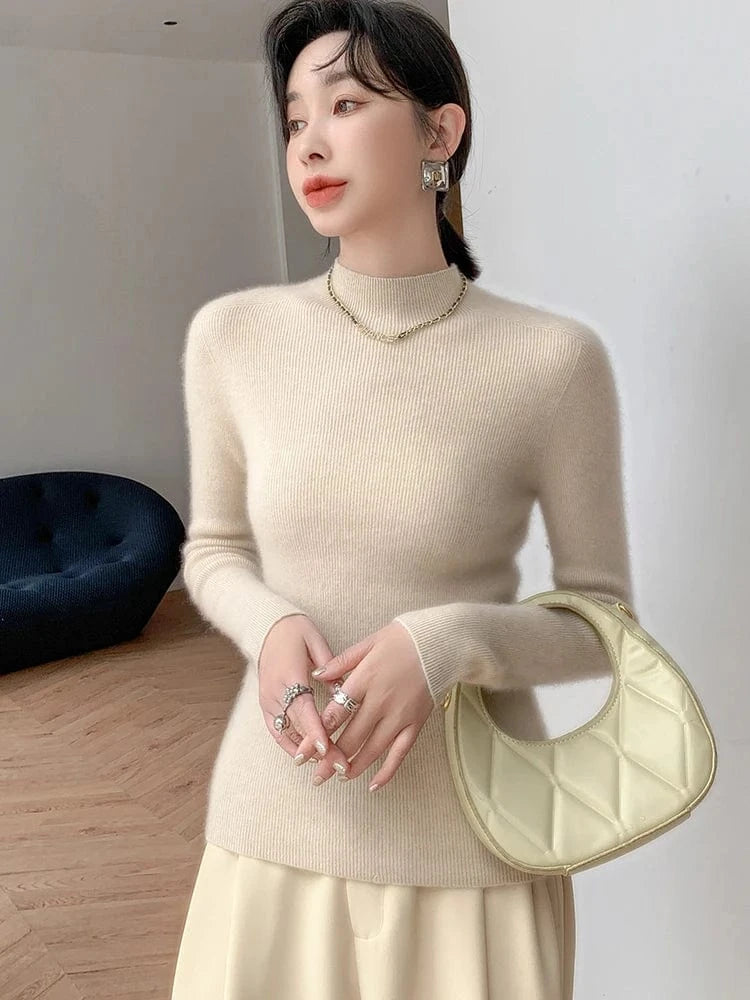 Women 100% Cashmere Sweater Mock Neck Pullover Autumn Winter Slim Basic Cashmere Knitwear Soft Warm High Strecth Pullover Tops