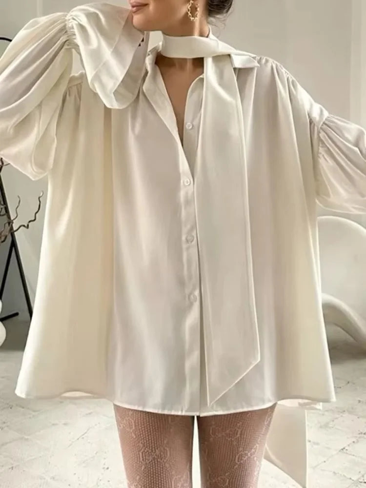 Womens Elegant Blouses & Shirts 2025 Spring Summer Solid Layered Flared Long Sleeves Female Chic Tied Tops Blouse