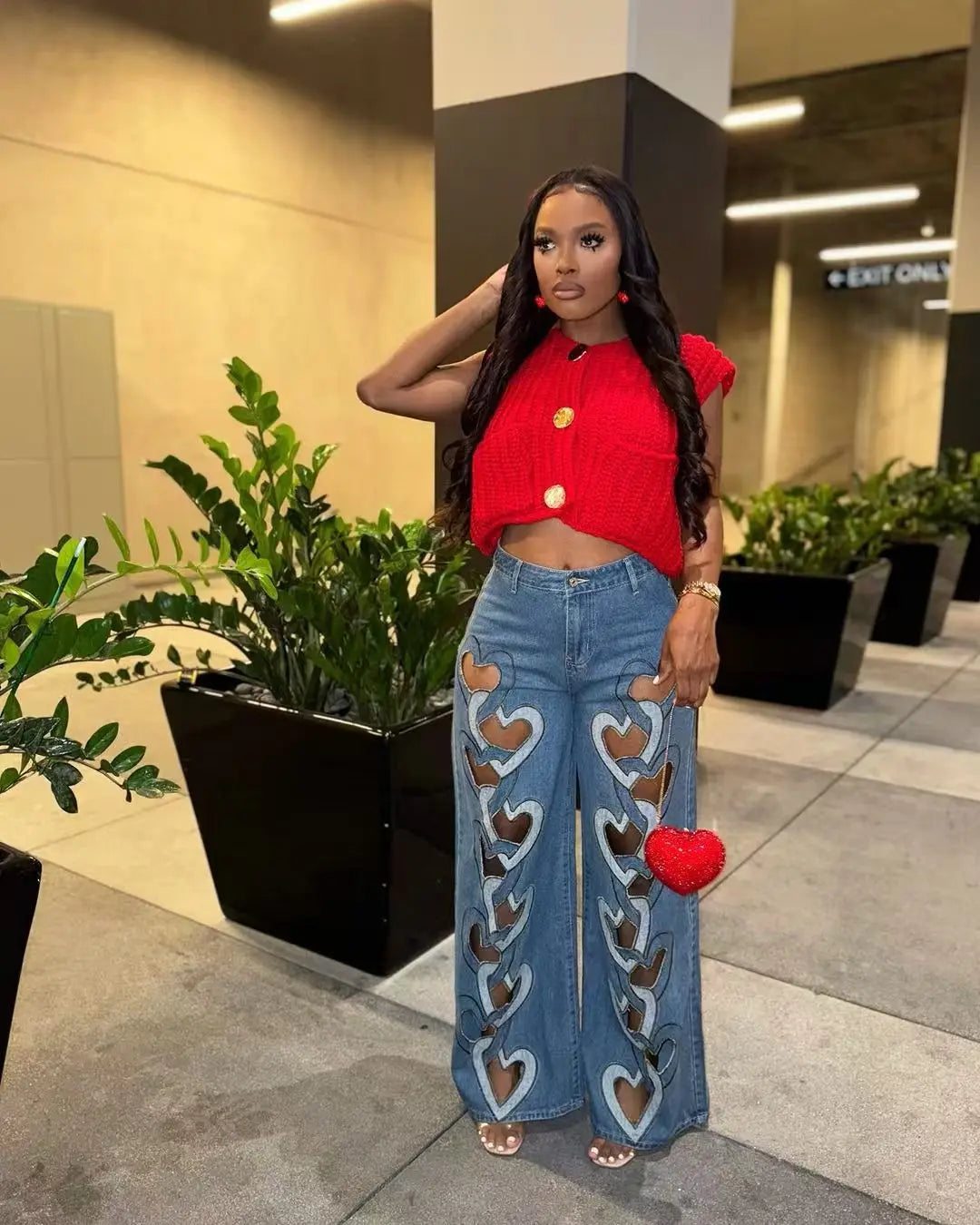 CM.YAYA Women Vintage Cutout Love Hollow Out Cross Straight Denim Pants 2025 Fall Fashion INS High Waist Wide Leg Jeans Trousers